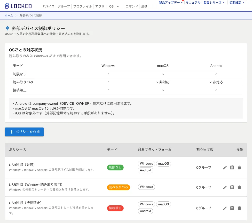 外部デバイス制御ポリシーの画面。OSごとの対応状況と3つのポリシーが並ぶ